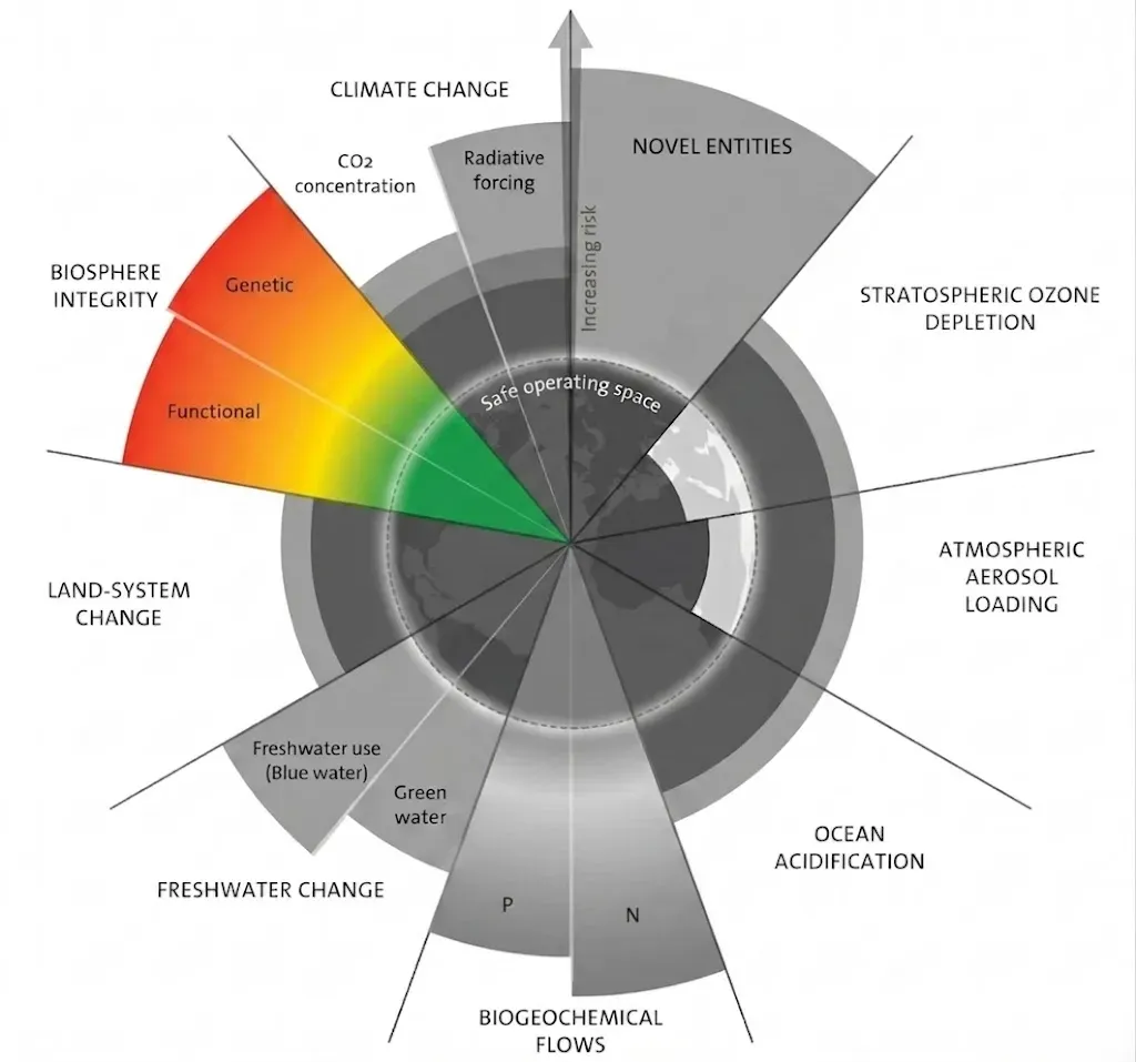 Planetary boundaries diagram highlighting biosphere integrity (genetic and functional diversity) pushed into the increasing-risk zone