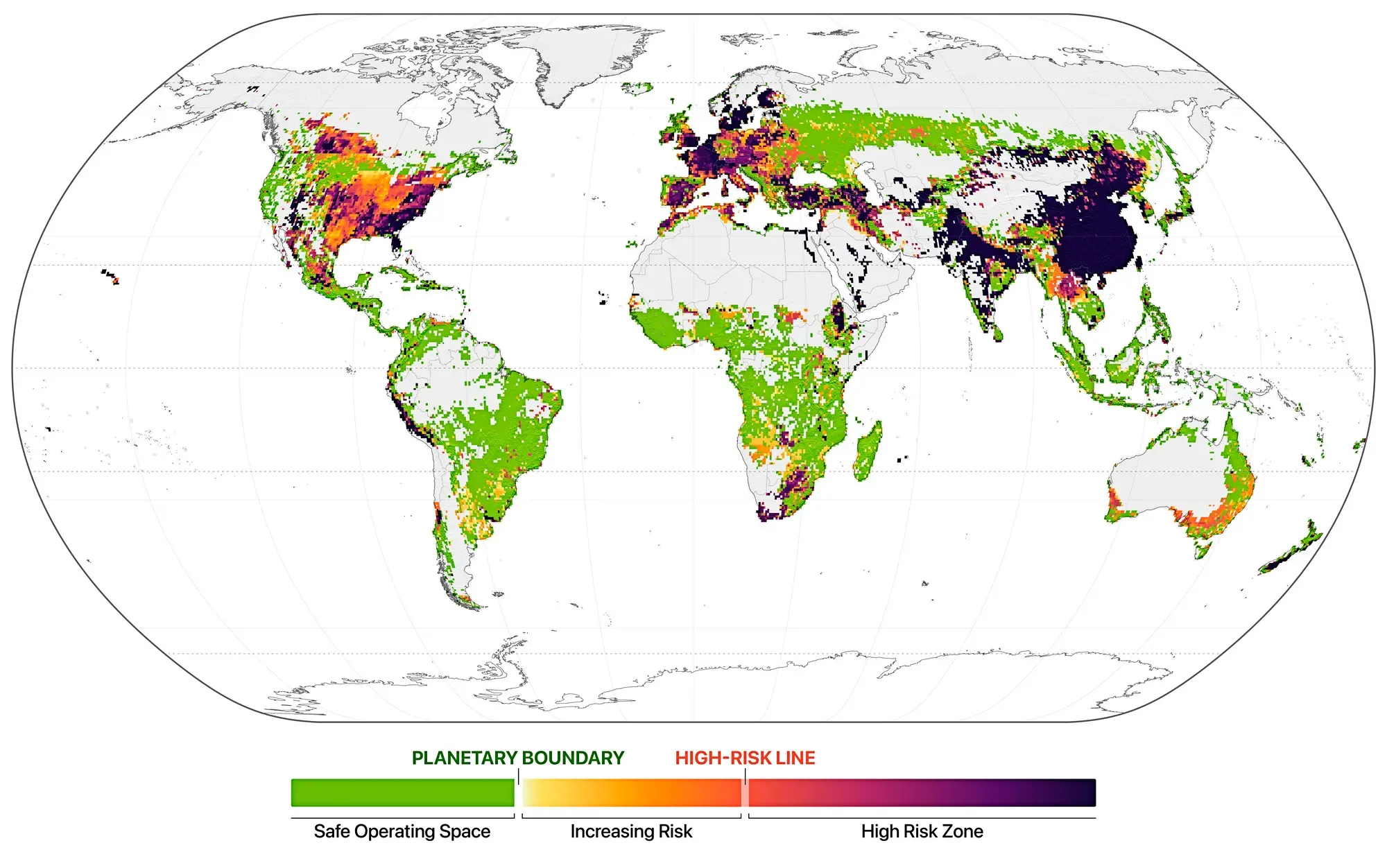 Global risk map of nitrogen against the planetary boundary, shading regions from a safe operating space through increasing risk to high-risk zones